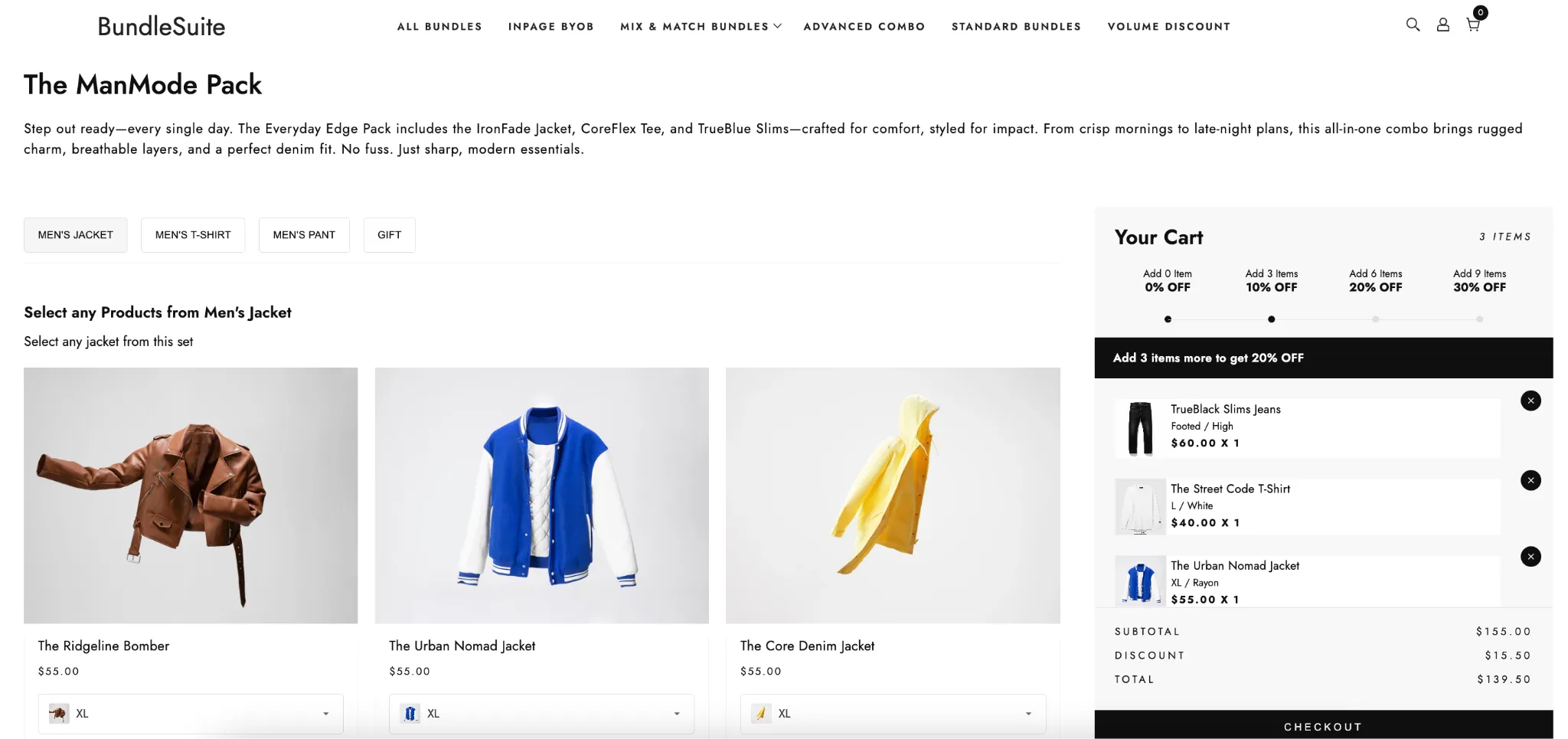 Example of a dedicated build-your-own bundle page with category tabs, product cards, and a persistent cart summary