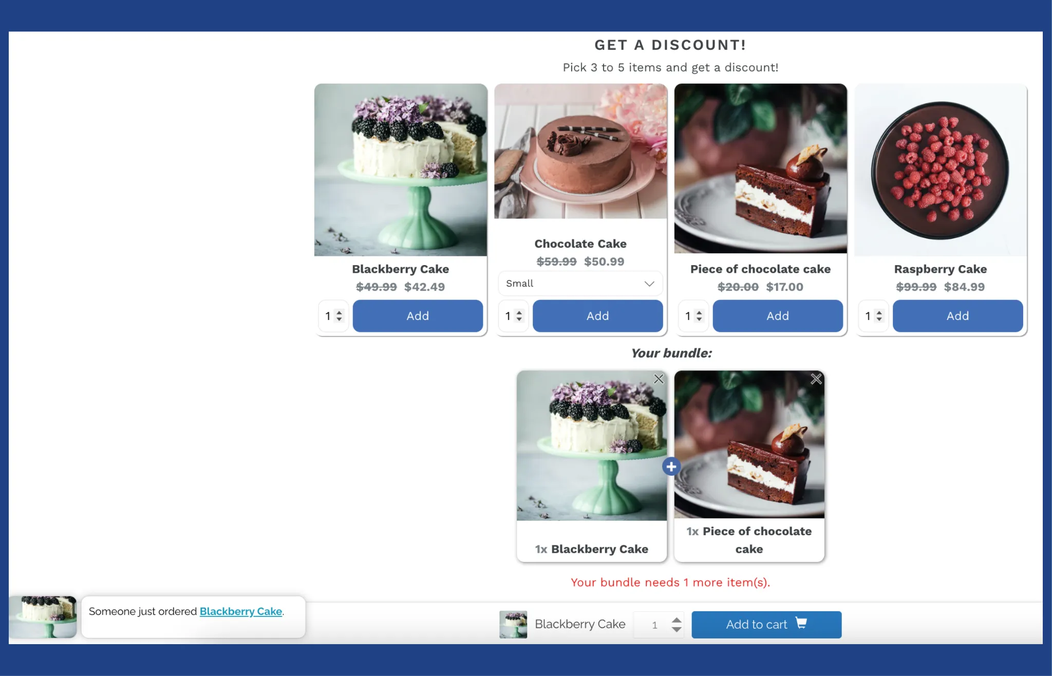 Example of an inline bundle widget with discounted products, quantity selectors, and a live bundle summary