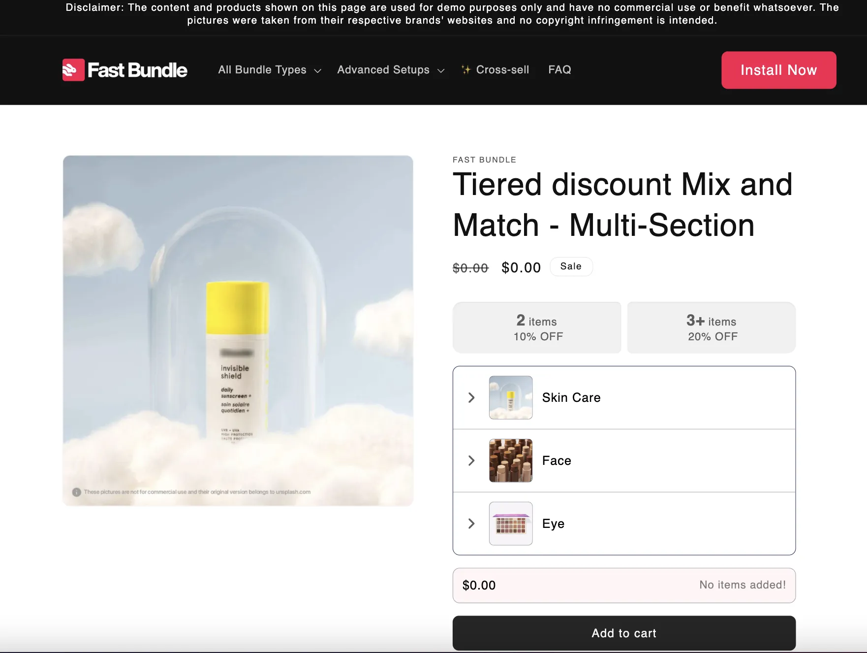 Example of a multi-section mix-and-match builder with category steps and tiered discount blocks