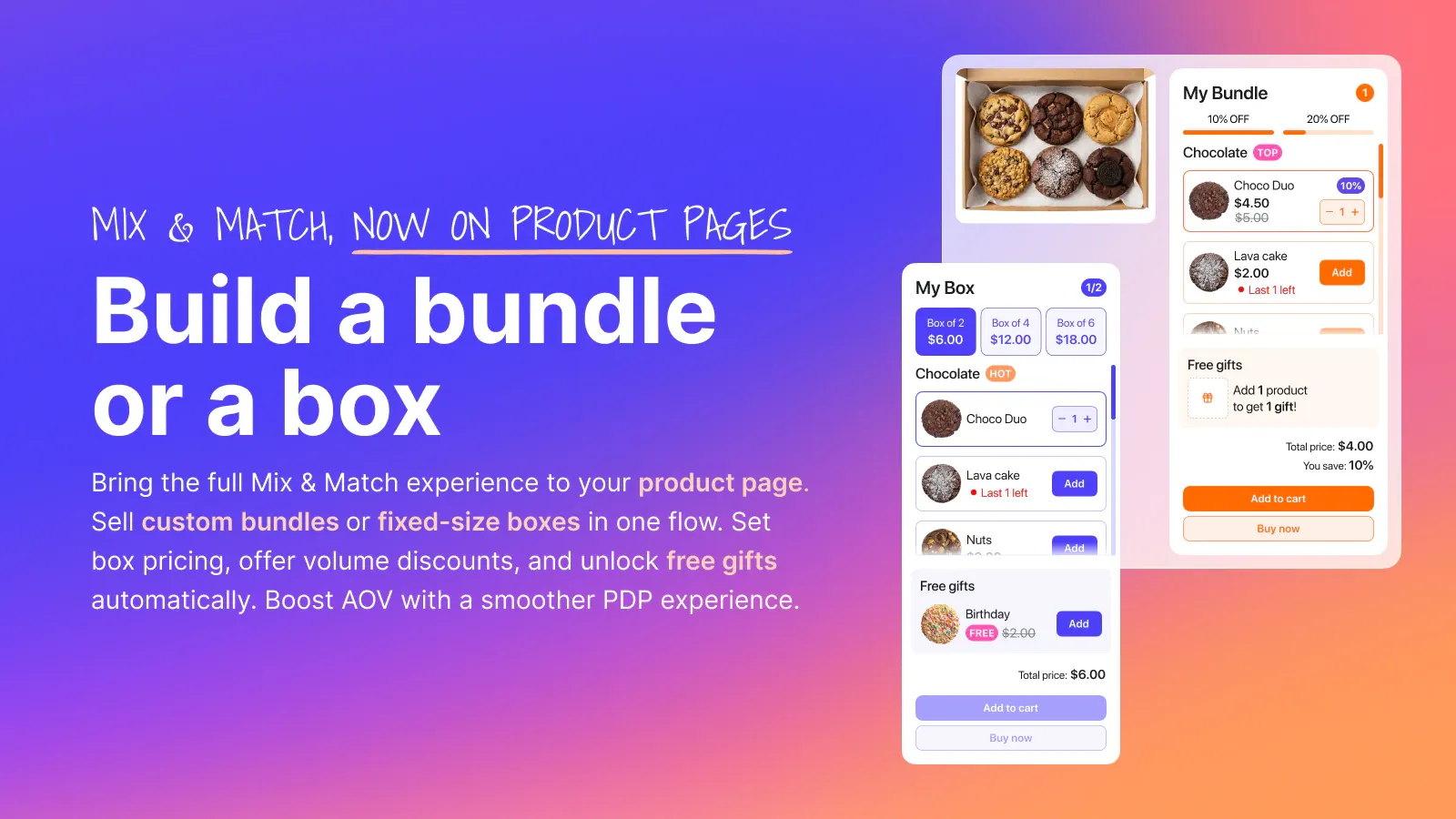 Example of a product-page bundle banner showing box building, discount tiers, and free gift incentives