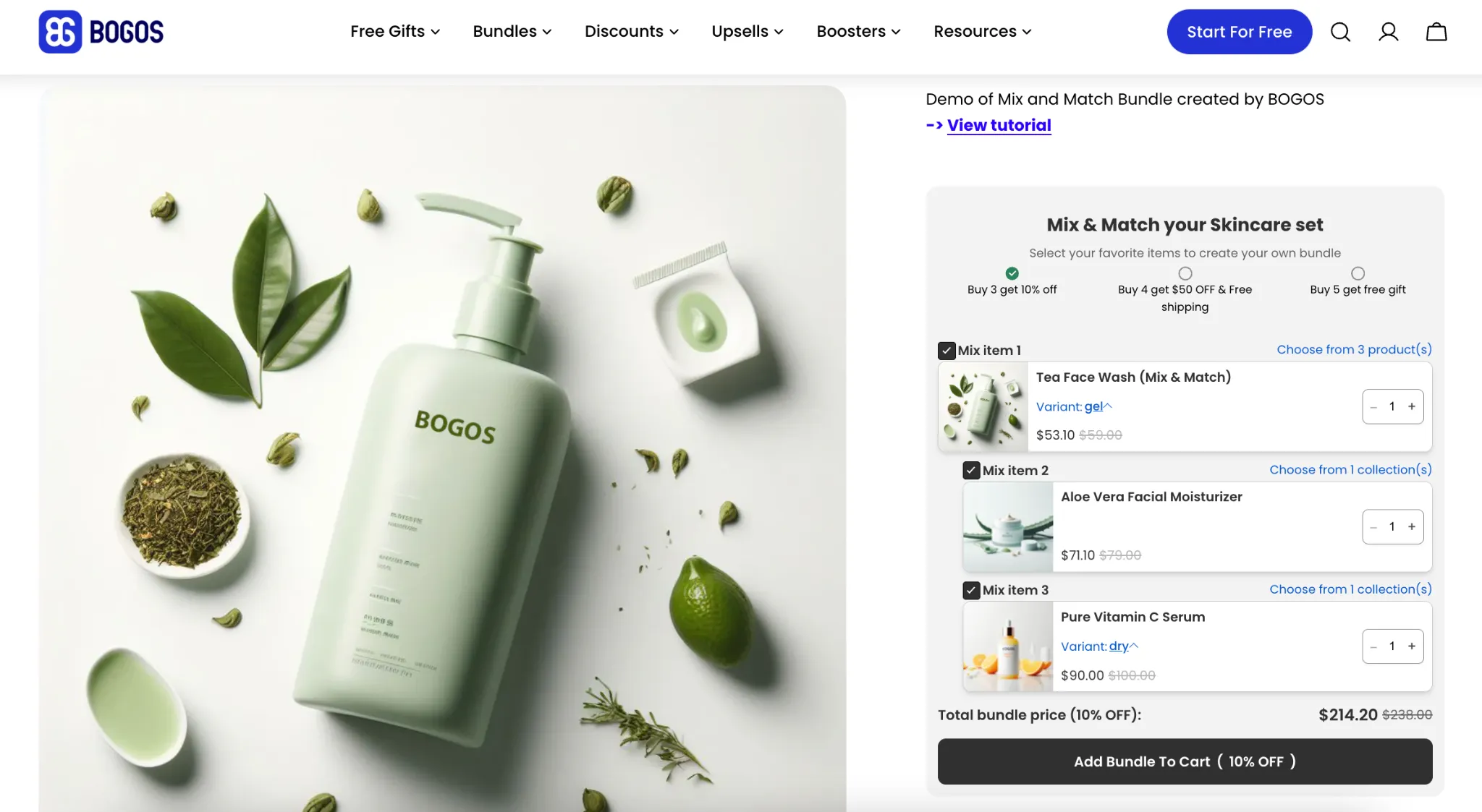 Example of a promo-heavy mix-and-match bundle flow with tiered discounts and a large add-to-cart CTA