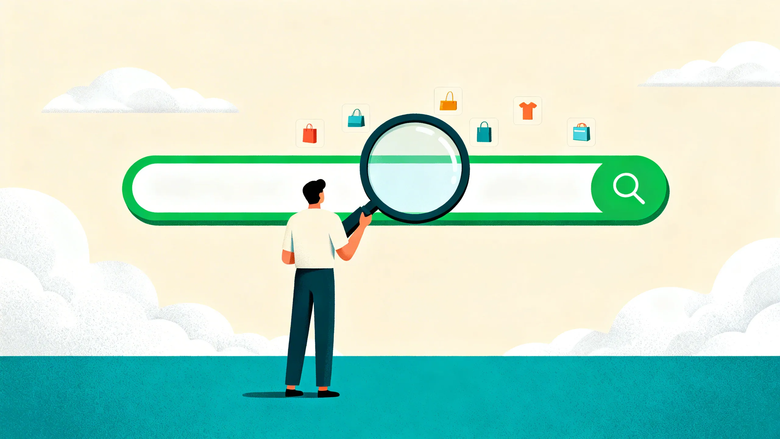 Illustration of a person looking through a large magnifying glass at search results on a screen