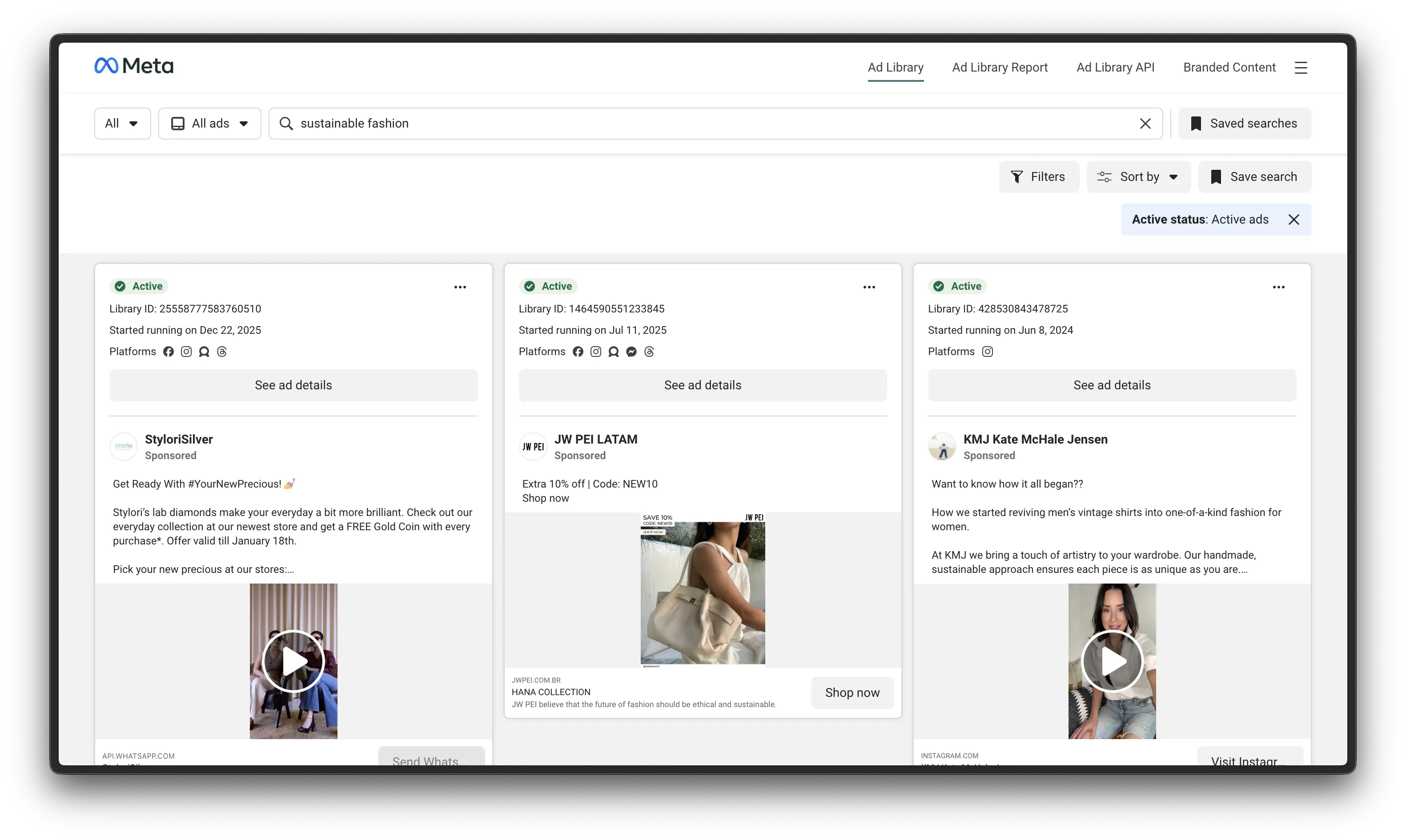 Facebook Ad Library search results