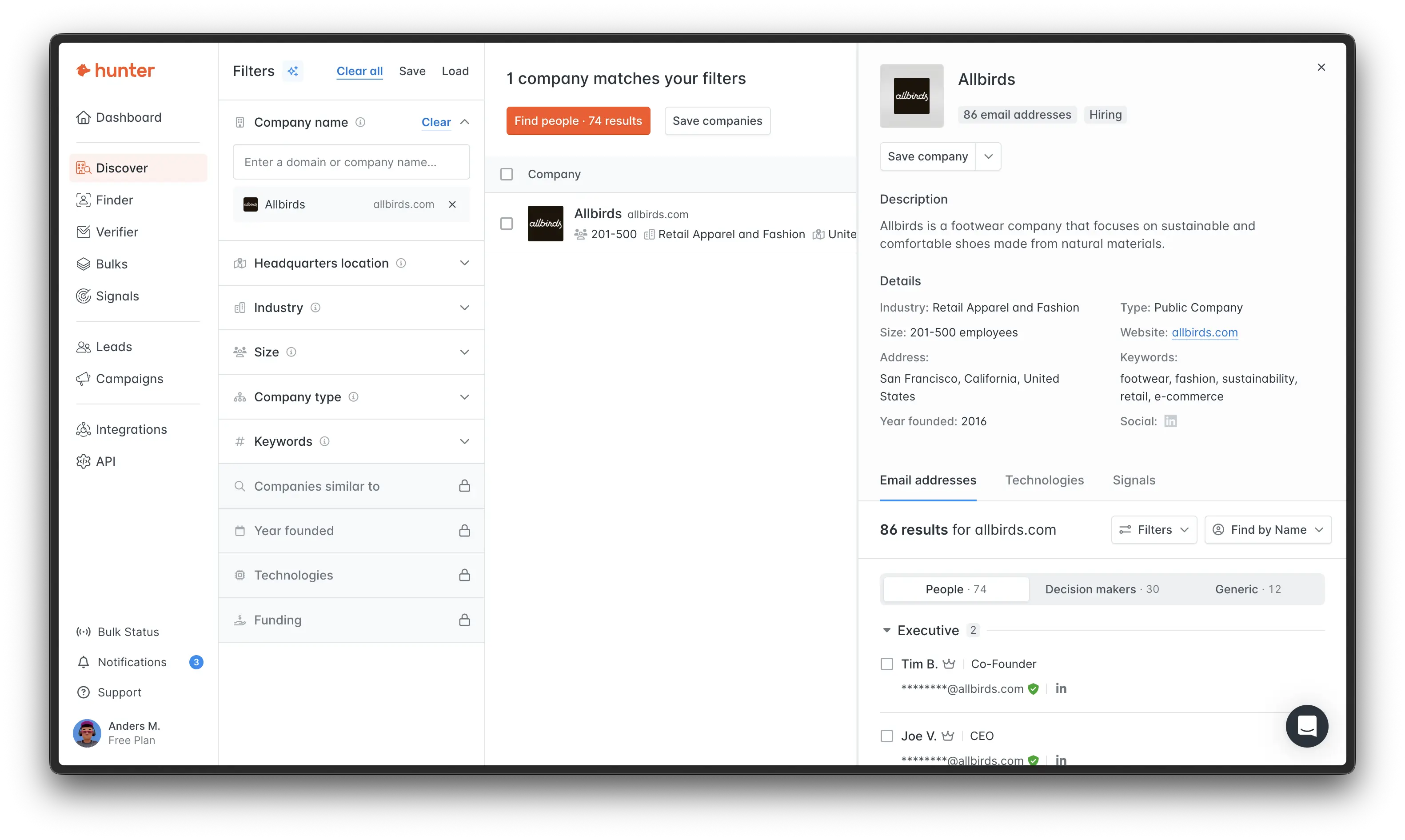 Hunter.io domain search results