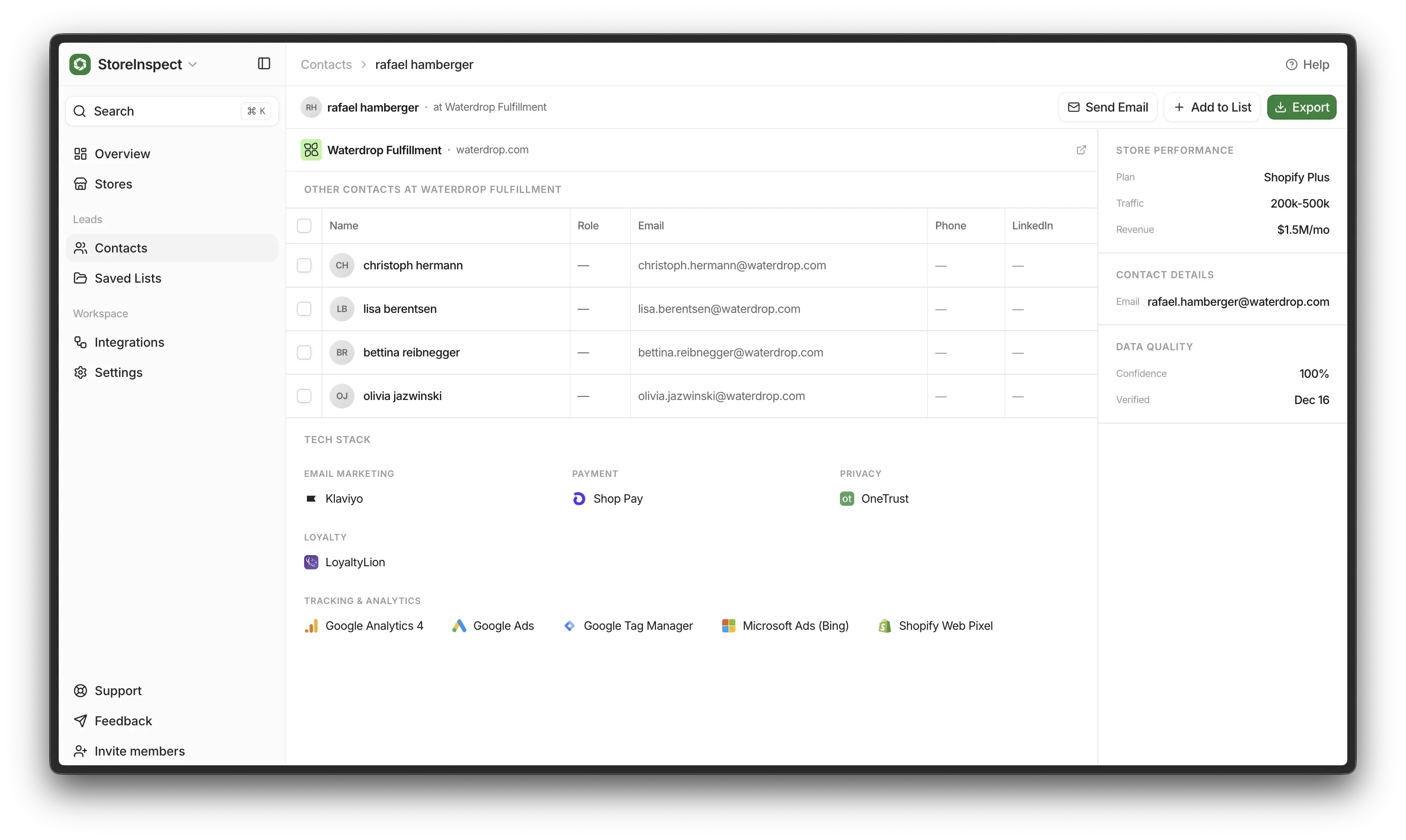 StoreInspect dashboard showing verified contacts